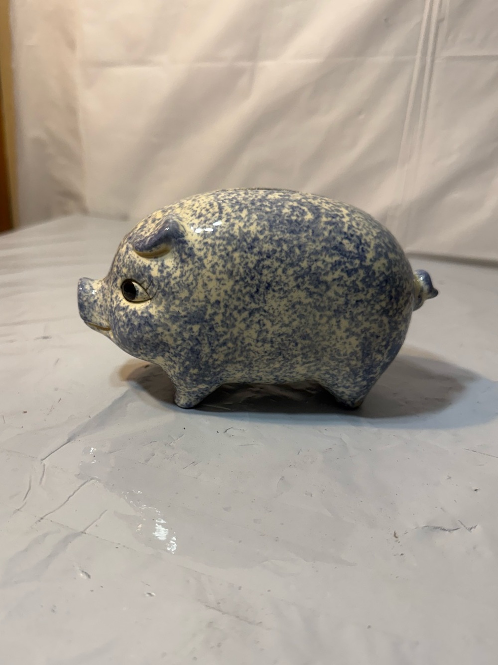 Vintage Blue and White Spongeware Ceramic Piggy Bank No Stopper - Unmarked